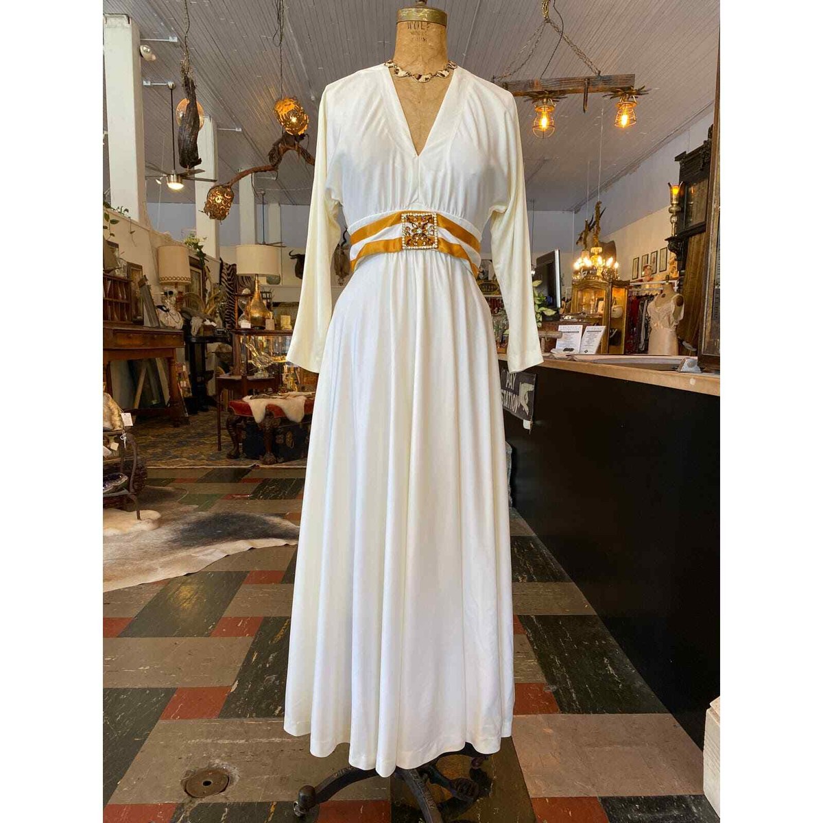 1970s maxi dress, vintage evening gown, white and gold, rhinestone jeweled belt 1970s maxi dress, vintage evening gown, white and gold, rhinestone jeweled belt