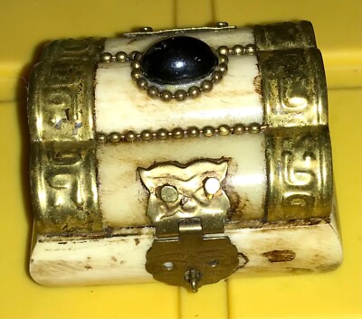 Vintage Trinket Box Chest Camel Bone Brass Velvet Lined Brass Owl Latch 2  Long