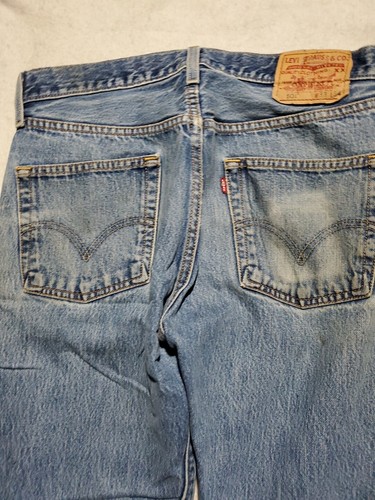 Levis 501 Blue Jeans 33x34 Button Fly Extremely Worn Distressed Faded Denim - Picture 2 of 9