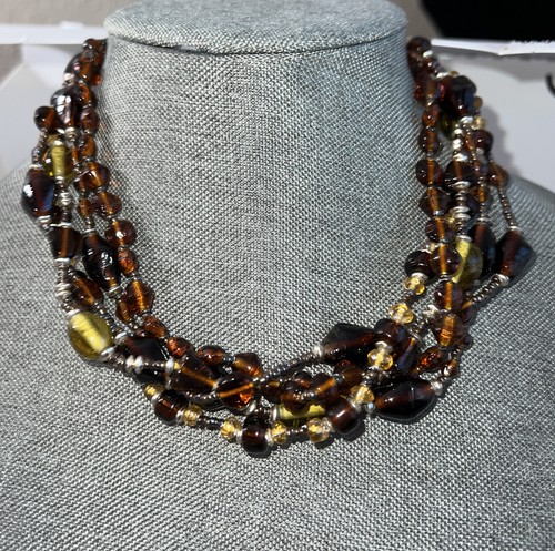 Necklace 5 Strands Root Beer Gold Silver Colored Beads Different Sizes Shapes