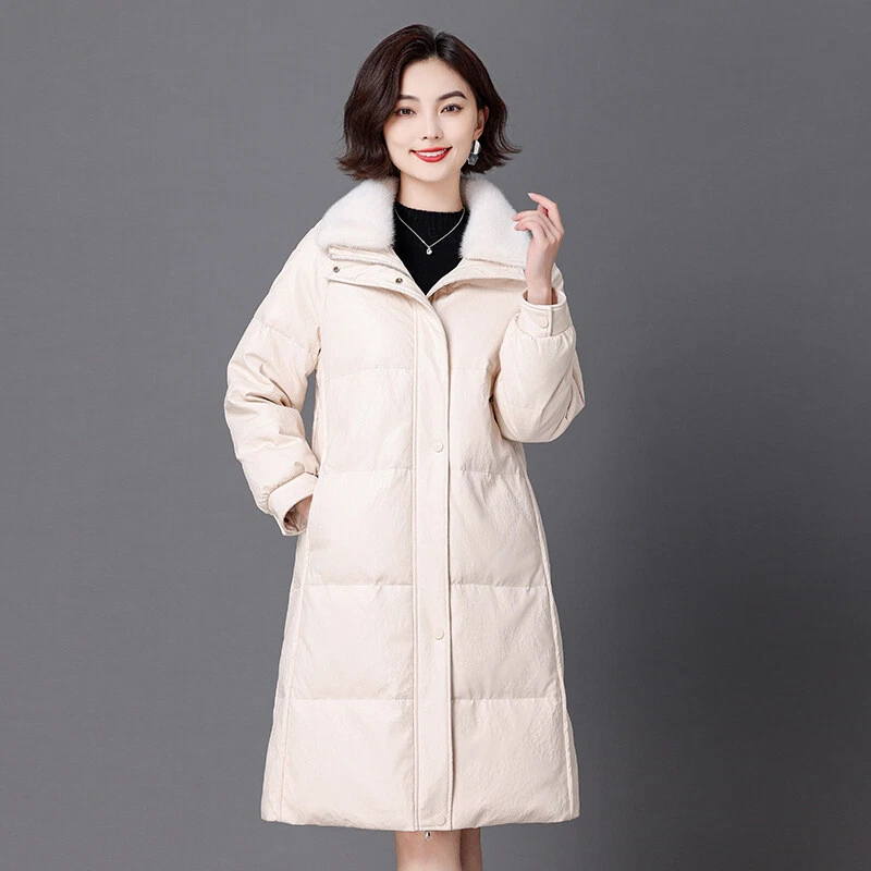 Womens Real Mink Fur Collar Leather Sheepskin Down Jacket Coat Mid Long Overcoat - Image 4 of 4
