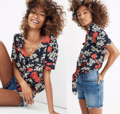 MADEWELL NAVY BLUE HILLSIDE DAISIES SHORT SLEEVE NOVEL TIE-FRONT TOP PLUS Sz 3X