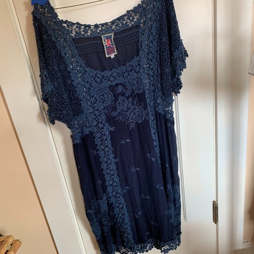 Johnny Was Women's Navy Blue Rose Garden Embroidered Lace Midi Dress Sz XL Boho