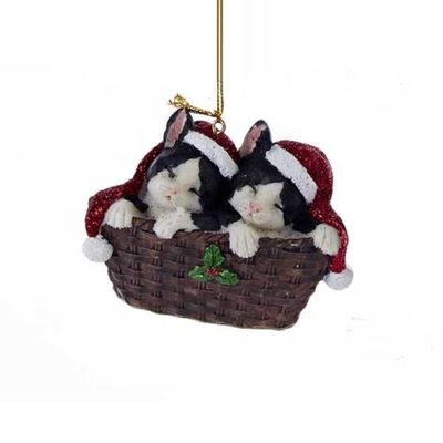 KURT ADLER BLACK KITTENS W/SANTA HAT IN BASKET HAND PAINTED RESIN XMAS ORNAMENT