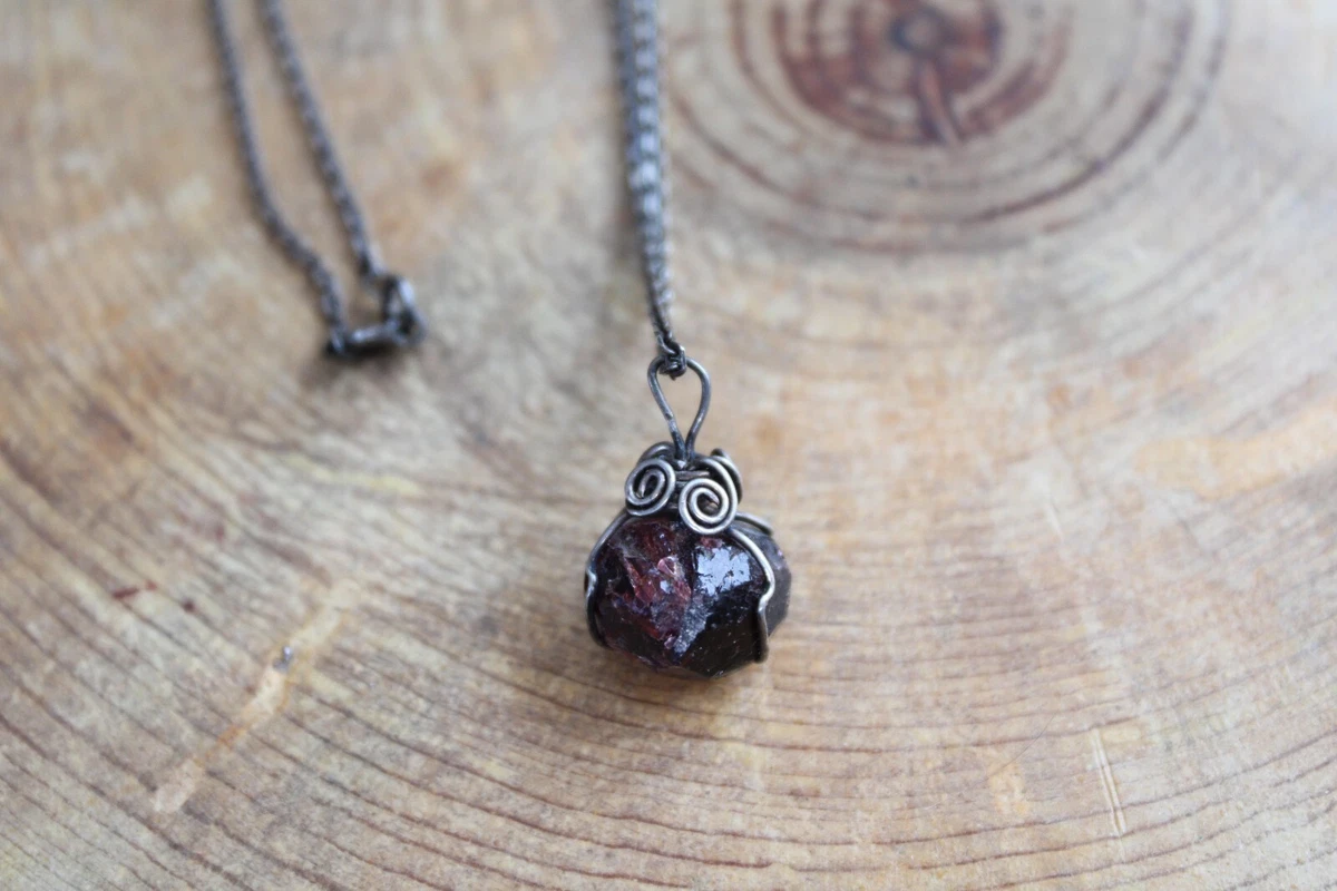 Raw Garnet Sterling Silver Wire Wrapped Pendant on Sterling