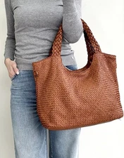 ITALIAN HAND WOVEN & WASHED LEATHER XL HANDBAG SHOULDER BAG HOBO; MADE IN ITALY