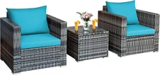 3-Piece Patio Furniture Set, Outdoor Wicker Rattan Sofa with Cushions and Coffee