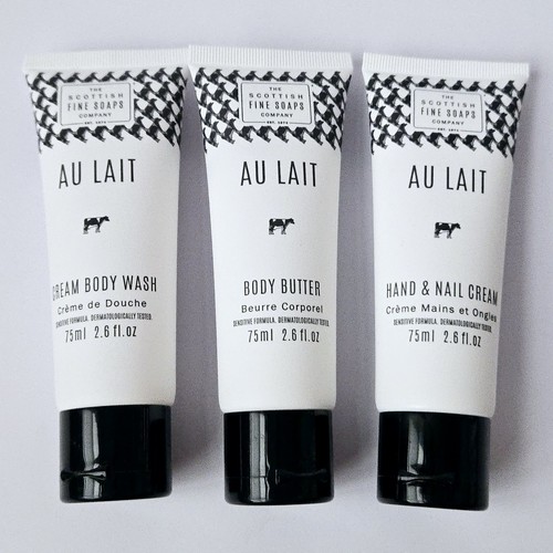 Scottish Fine Soaps Au Lait Travel Size Luxurious Gift Set 4 Pc Set Soap NEW - Picture 2 of 5