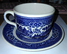 Willow Ware Flat Tea Cup  Saucer Set Royal China Blue  White Oriental Vtg