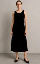 Eileen Fisher Velvet Black Sleeveless Shift Midi Dress Silk Blend Minimalist M