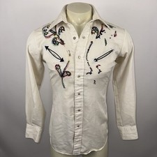 Vtg 60s 70s Sears Pearl Snap Shirt Western Embroidery Yoke Rockabilly Men Medium