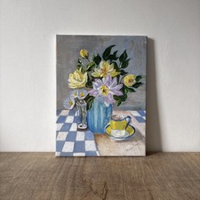 Oil on Canvas Floral Flowers Tea Still Life Table Top Painting Marlene Payne