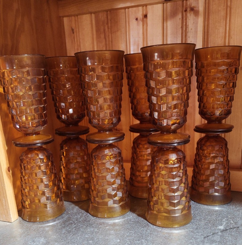 Vintage Indiana Glass Whitehall Amber Cubist Footed Tumblers, Set Of 12