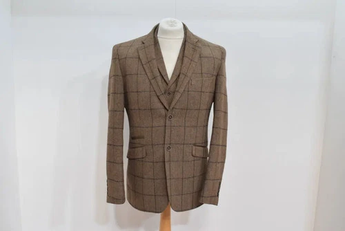 Cavani Men's Brown Check 3 Piece Suit Jacket 40 Waistcoat Trousers 34