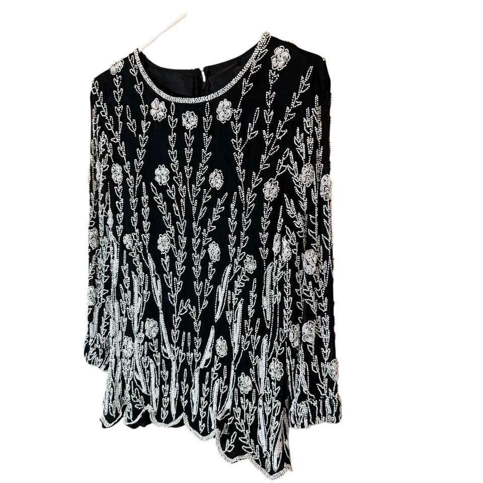 Blusa Top Vintage Negra Blanca Con Cuentas Lentejuelas Transparente Manga Larga Noche Formal Foto 3 de 4