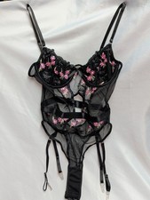 NEW Black Pink Floral Mesh Teddy Womens Sz S Underwire  Garter Straps