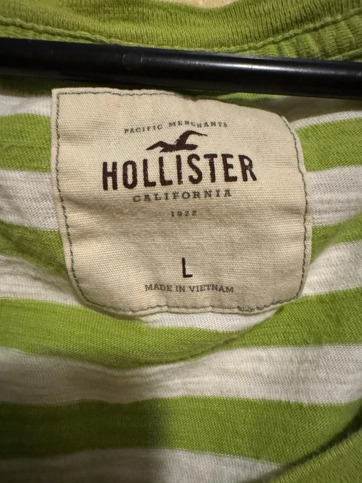 VTG Y2K Hollister California Striped Henley Tee 3/4 Sleeve Green White Women’s L - Image 3 of 4