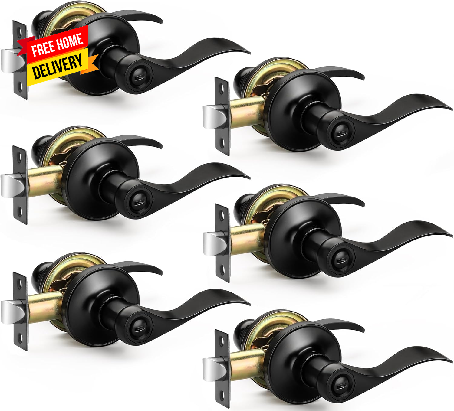 6 Pack Matte Black Door Handles Privacy Door Levers, Heavy Duty Wave Style Bed/B