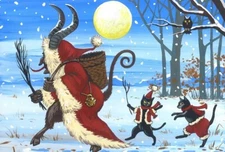 4x6 PRINT OF PAINTING RYTA Xmas KRAMPUS BLACK CAT GERMANY Folk Art landscape 🎄