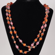 Flapper Style Czech Glass Beads Wrapped in Wire 51" Necklace Orange, Pink