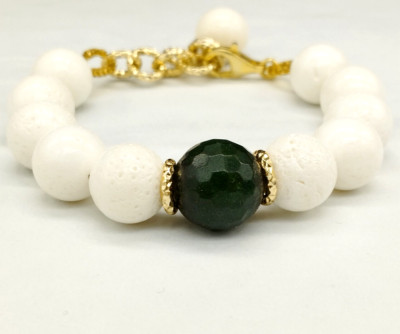 Women White Agate and Green Agate Ballpoint Bracelet 925 Silver Gold Chain