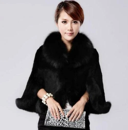Women's Winter Warm Faux Fox Fur Trim Cape Coat Faux Rabbit Fur Outwear Fashion - Image 3 of 4