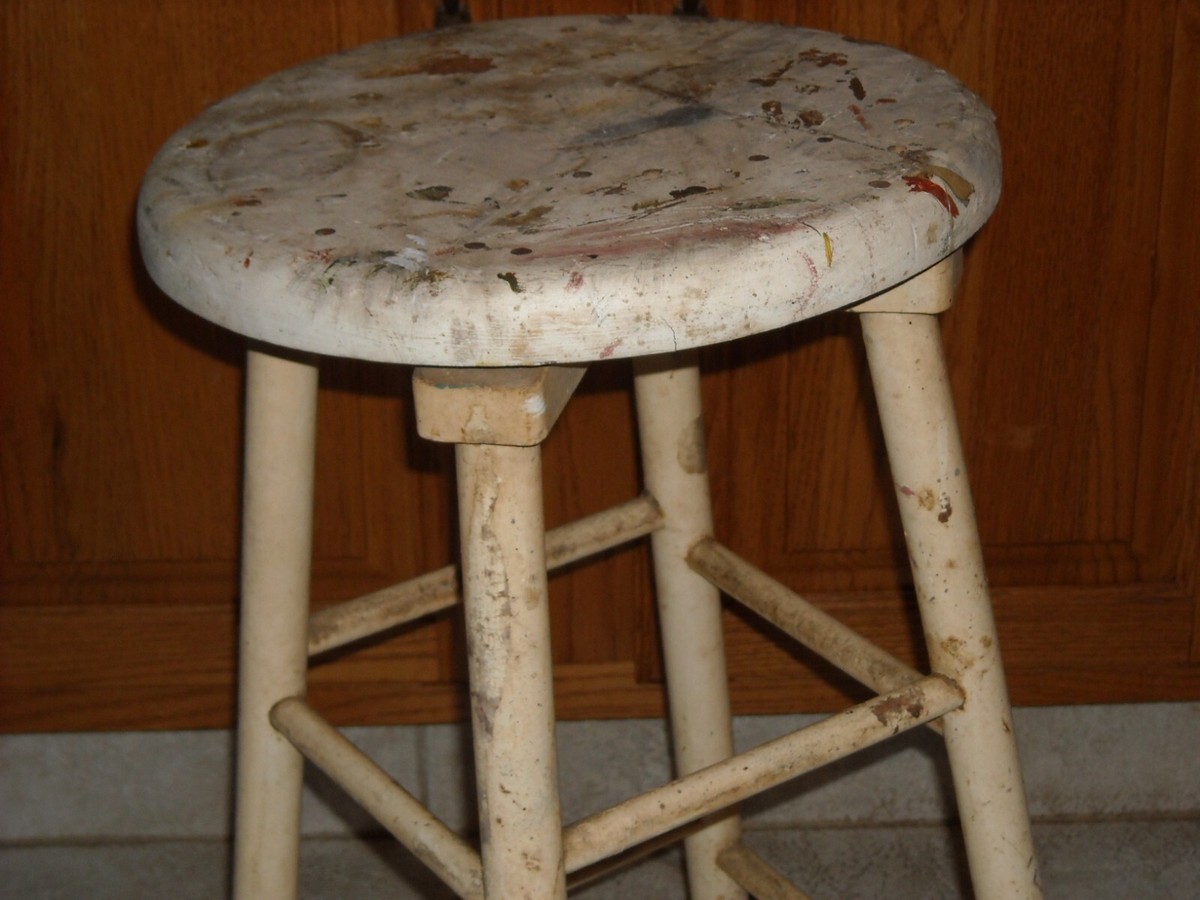 Antique Vintage Shabby Chic White Chippy Paint Wood Stool Rustic