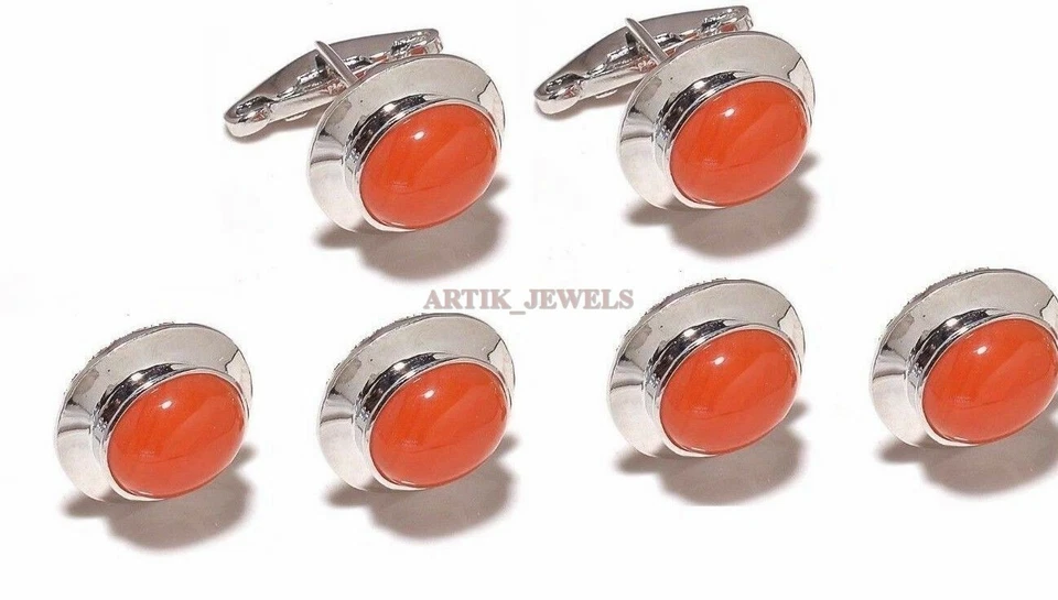 Naturale Rosso Onice Gemma 925 Argento Sterling Smoking Bottoni & Gemelli #2420 - Immagine 2 di 3