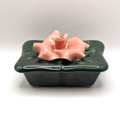 Vanity Box w/ Lid California Pottery Cali Crown Pink Rose on Green Trinket VTG