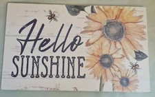 Hello Sunshine Sunflower Sign Wood Spring White Vintage Inspired 16"x10"