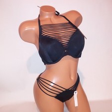 Victoria's Secret Swim Bikini 34D Top Small Bottom Black Push Up Solid Brazilian