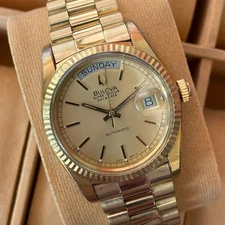 RARE BULOVA Super Seville Day & Date Automatic Gold Dial Watch Men Swiss Made