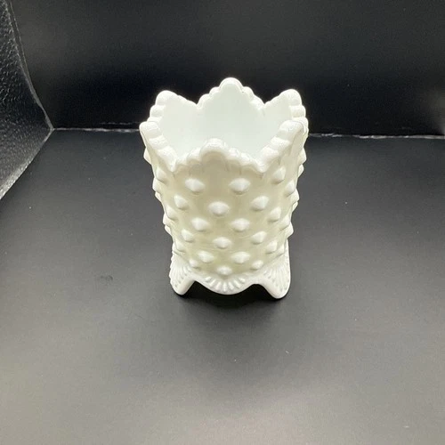 Vtg Fenton White Milk Glass Hobnail Pedestal Toothpick Candle Holder Scalloped