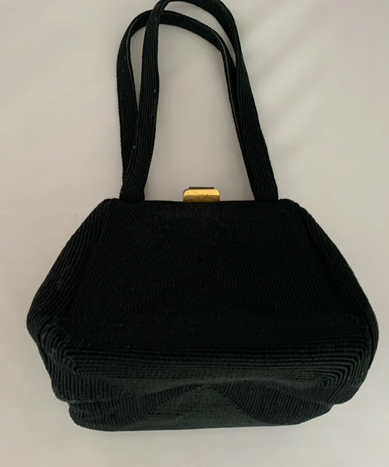 Bolso de Mano Original Reina Vintage Años 50 Cartera Cierre a Presión Doble Asas Negro Dorado Foto 4 de 4