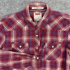 Levis Shirt Mens Medium Red Plaid Pearl Snap Western Cowboy Long Sleeve