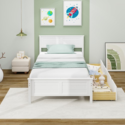 Twin Size Wooden Bed Frame with 2 Storage Drawers & Under-bed Storage White - Picture 5 of 11