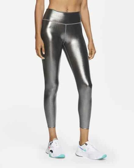 Womens Size XL Nike One Icon Clash Mid Rise 7/8 Shimmer Leggings Silver  CU6030