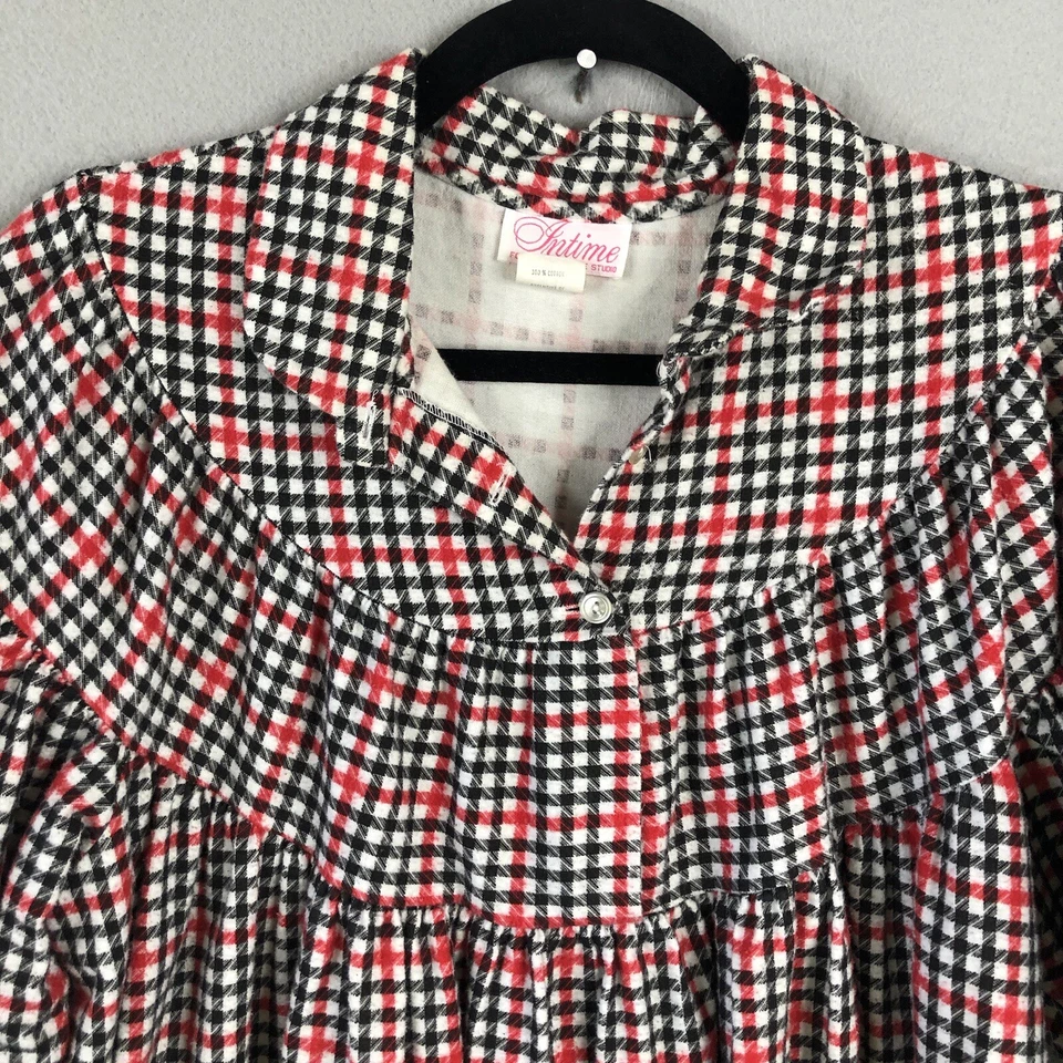 复古 In Time 睡袍女式大号红色黑色格子法兰绒奶奶农舍 — 第 3/4 张图片