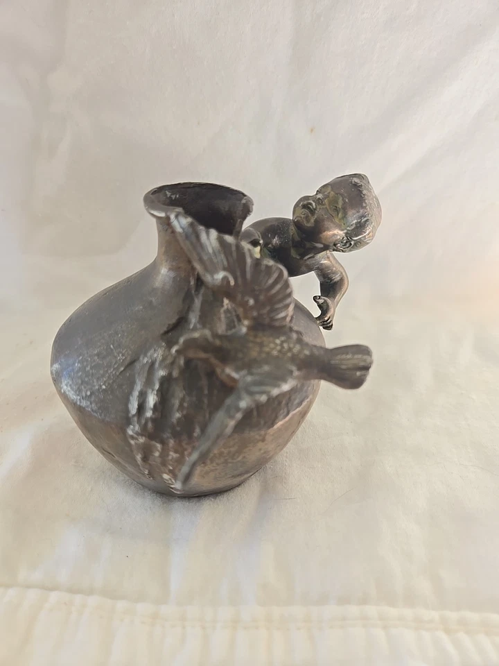 LOOK FINE FRENCH ANTIQUE BRONZE CHILD AND BIRD ON VASE ART DECO SCULPTURE  - image 3 of 4
