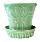 Vintage MCM McCoy Green Embossed Tulip Flowerpot W/ Attached Saucer- 4.5” USA
