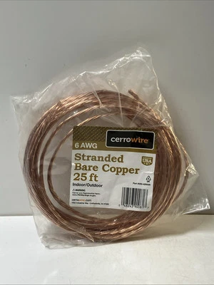 Cerrowire 25ft 6 Gauge Stranded Bare Copper Grounding Wire Indoor/Outdoor