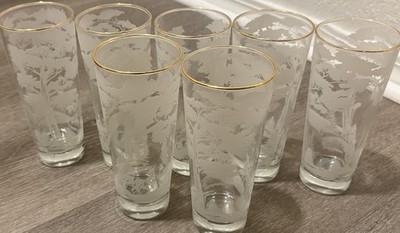 Vintage Gold Rimmed Highball  Frosted Forest Scene with Deer X7 Glass Tumblers