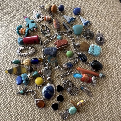 Vintage Sterling Silver Charm Bracelet Southwestern Style Gemstones 30