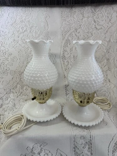 Vintage Milk Glass Hobnail Hurricane Lamps Pair Brass Electric AS-IS Repair