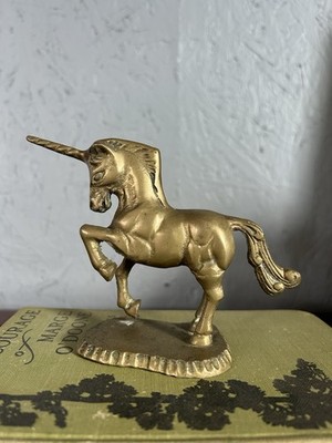Vintage Solid Brass Unicorn Figurine Rearing Mythical Horse Statue Heavy Decor