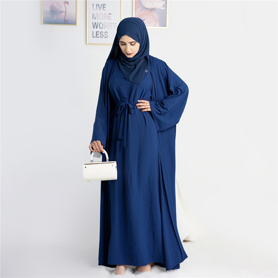 2 Piece Women Muslim Open Abaya Inner Dress Set Dubai Kimono Kaftan ...