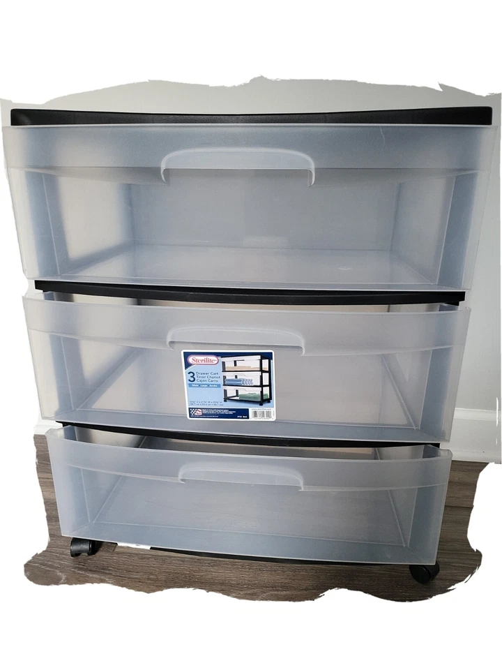 3 Drawer Cart Wide Tower Portable Storage Dresser Dorm Clear Drawers Black New - Image 3 of 3