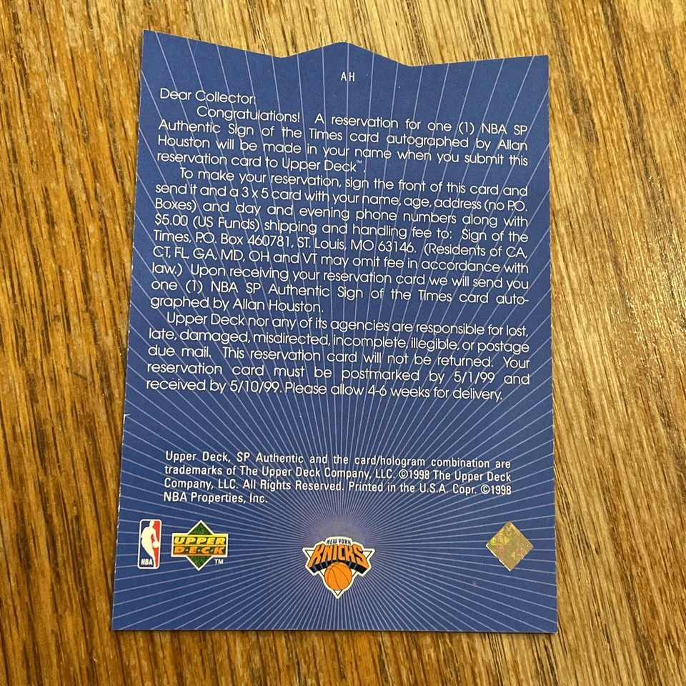 1997-98 SP Authentic Sign of the Times Allan Houston #AH TRADE CARD Unredeemed - Image 4 of 4