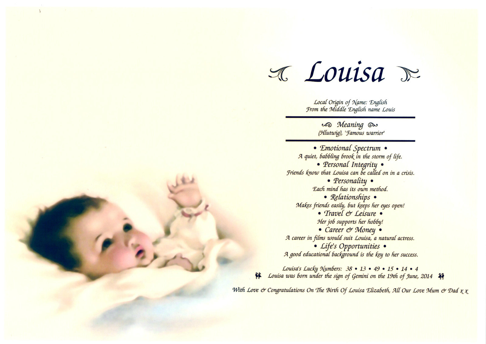 PERSONALISED FIRST NAME ORIGIN MEANING*NEW BORN BABY BIRTH* CHRISTENING