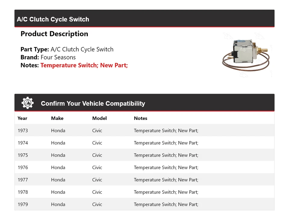 Para 1973-1979 Honda Civic Interruptor de ciclo de embrague de aire acondicionado 4 Seasons 1974 1975 1976 1977 Foto 2 de 4